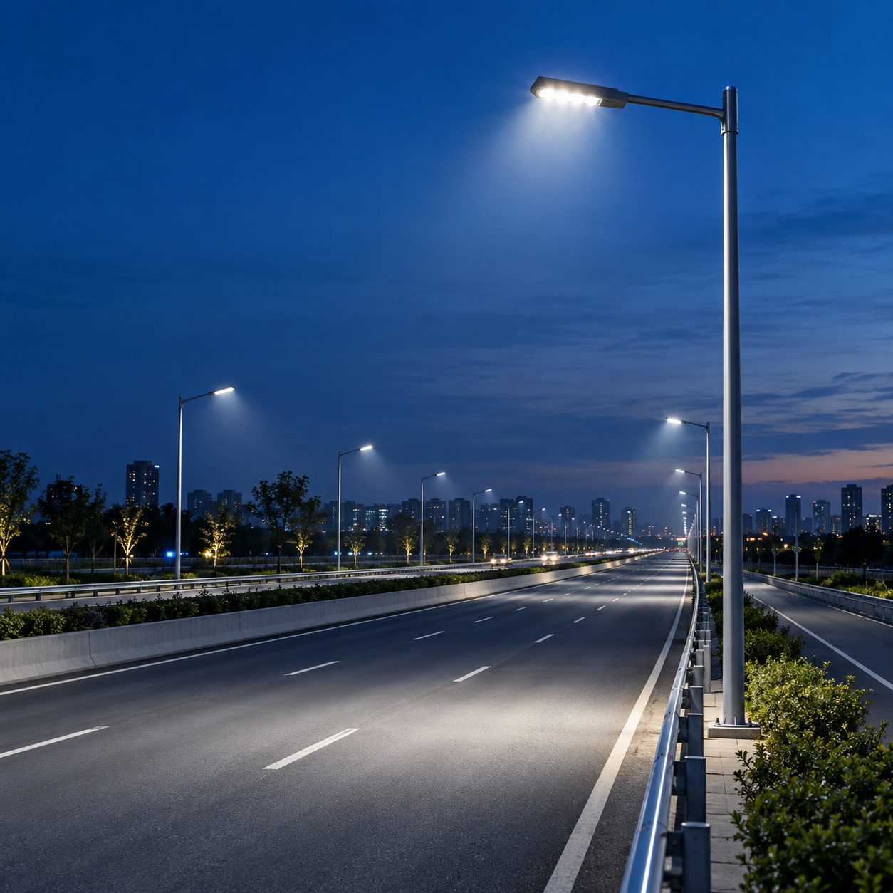 LED street lighting along a roadway at night